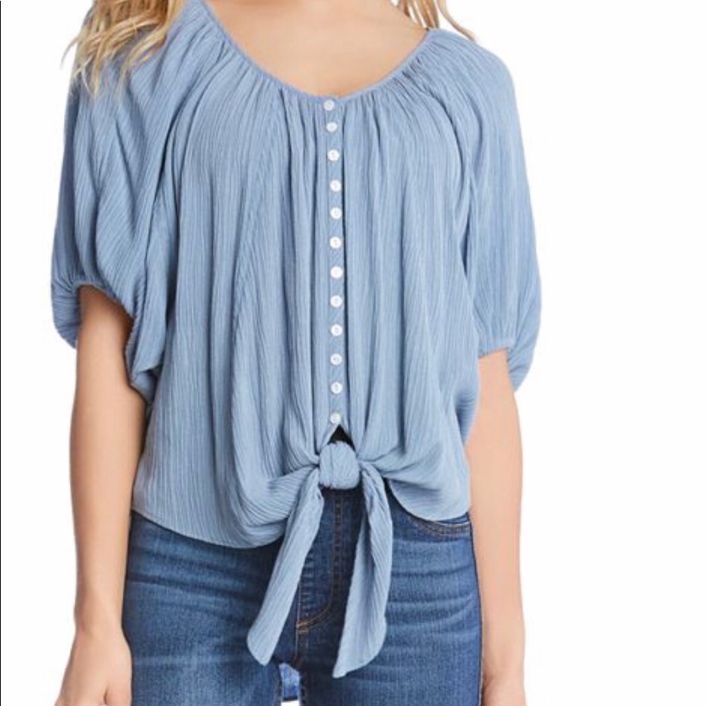 Karen Kane blue crinkled gauze tie front blouse M